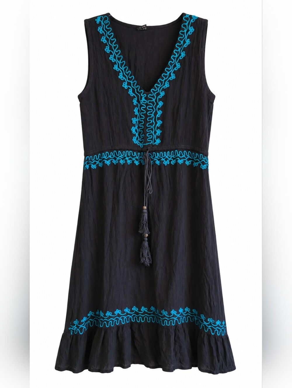 Women's Swim Cover Up Or Sleeveless Dress Black W/ Blue Embroidered Trim Size S